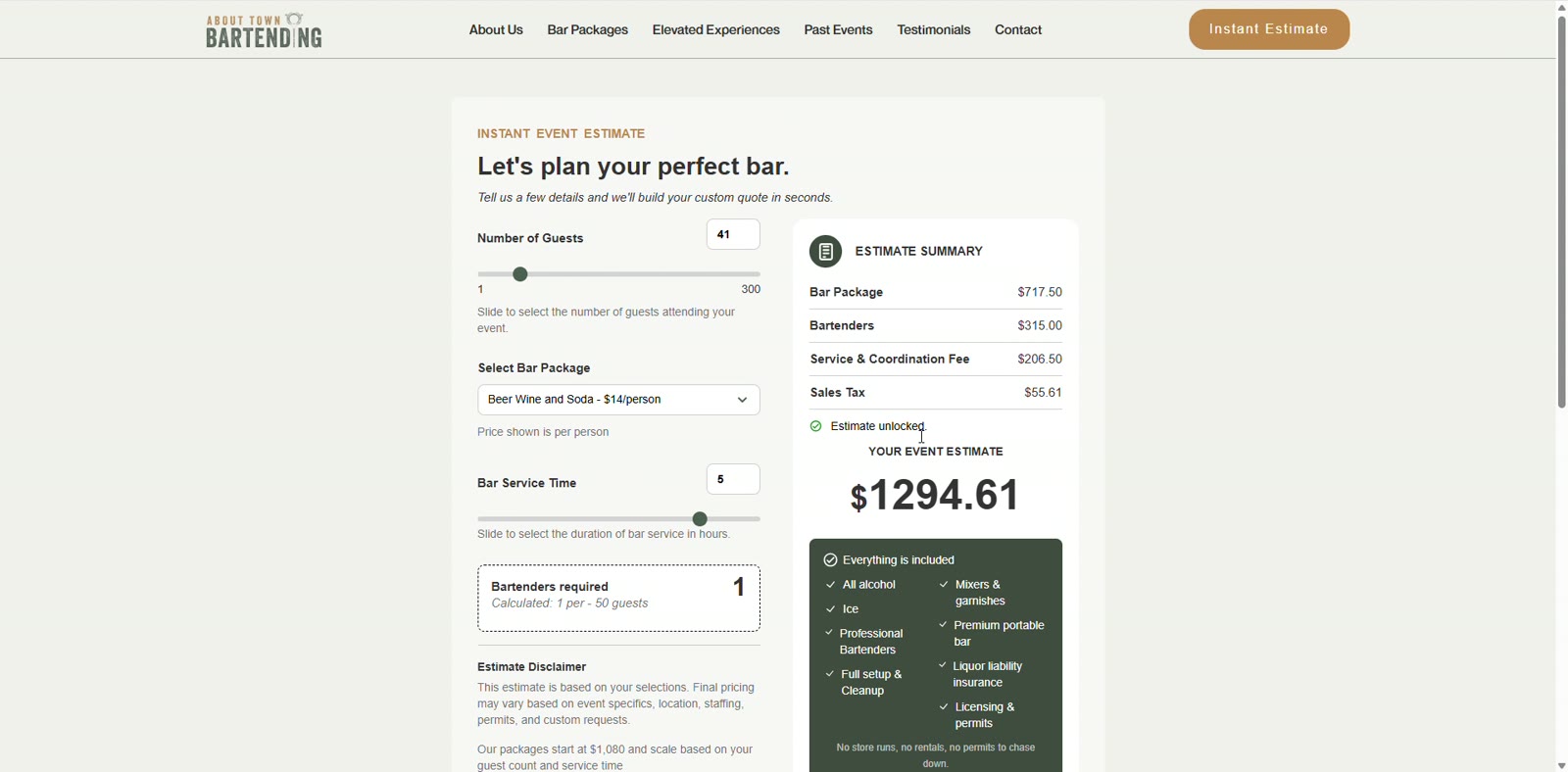 About Town Bartending pricing calculator