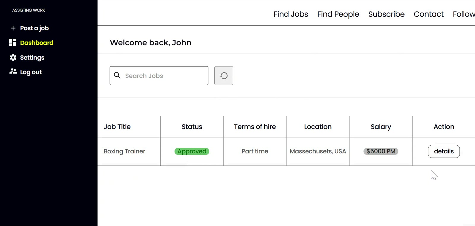 Assisting Work jobs board dashboard